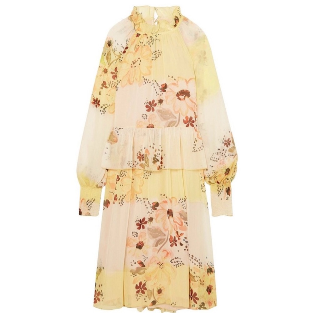 SEE BY CHLOE Tiered Floral-print Long Sleeve Georgette Yellow Dress Size 6/IT 38 - Picture 12 of 12